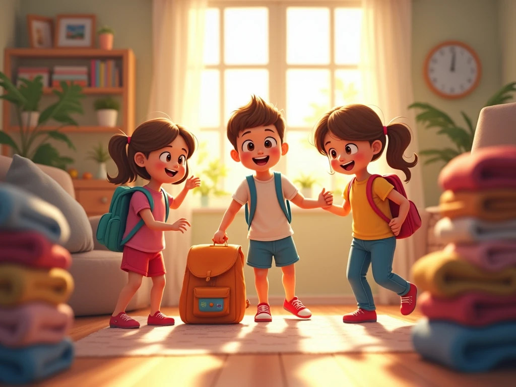 Generate a animated cartoon image of 4 year who is going school for the first time and his whole family watching him