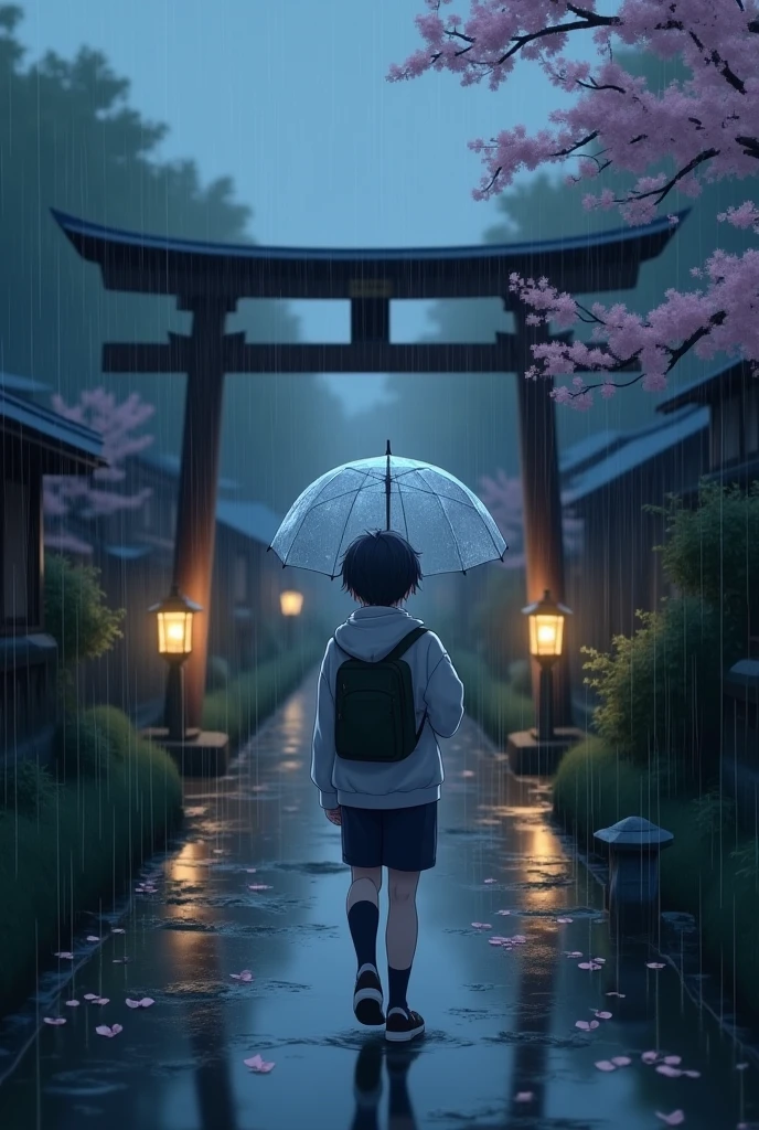 Create a cinematic animated scene set in a quiet Japanese town during a rainy, gloomy evening. A  boy is walking alone down a narrow path beside a peaceful river or through the entrance of a traditional Shinto shrine. The boy is holding a transparent umbrella slightly tilted back, his head slightly lowered, hair damp from the humidity.

His appearance:

Wears a light school uniform or oversized hoodie with a backpack.

One hand in pocket, walking slowly, body language relaxed but introspective.

His umbrella catches soft reflections of shrine lanterns or river lights.

Environment:

The scene is drenched in a soft, steady rain. Puddles form across mossy stone paths or old wooden bridges.

Stone lanterns (tōrō), worn torii gates, and riverbanks with bamboo or willow trees add atmosphere.

Dim, warm glows from lanterns and distant houses contrast against the overcast blue-gray sky.

Sakura petals or leaves may be stuck to the wet stone or float in puddles.

Camera Movement:

Follows ??????????? at a slow walking pace, or starts behind and slowly zooms out to reveal more of the setting — like the curve of the river or the vastness of the shrine grounds.

Rain gently hits the umbrella; reflections of trees and lights shimmer in puddles.

Mood & Style:

Ultra-realistic anime style, inspired by Makoto Shinkai's work (Your Name, Weathering with You), with attention to lighting, reflections, and emotional tone.

Slight lens blur, depth of field, and soft particle effects (rain, mist, distant insects).
