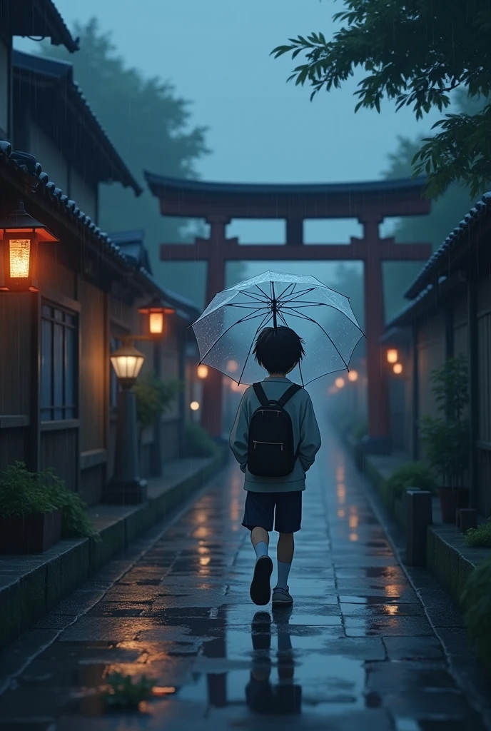 Create a cinematic animated scene set in a quiet Japanese town during a rainy, gloomy evening. A  boy is walking alone down a narrow path beside a peaceful river or through the entrance of a traditional Shinto shrine. The boy is holding a transparent umbrella slightly tilted back, his head slightly lowered, hair damp from the humidity.

His appearance:

Wears a light school uniform or oversized hoodie with a backpack.

One hand in pocket, walking slowly, body language relaxed but introspective.

His umbrella catches soft reflections of shrine lanterns or river lights.

Environment:

The scene is drenched in a soft, steady rain. Puddles form across mossy stone paths or old wooden bridges.

Stone lanterns (tōrō), worn torii gates, and riverbanks with bamboo or willow trees add atmosphere.

Dim, warm glows from lanterns and distant houses contrast against the overcast blue-gray sky.

Sakura petals or leaves may be stuck to the wet stone or float in puddles.

Camera Movement:

Follows ??????????? at a slow walking pace, or starts behind and slowly zooms out to reveal more of the setting — like the curve of the river or the vastness of the shrine grounds.

Rain gently hits the umbrella; reflections of trees and lights shimmer in puddles.

Mood & Style:

Ultra-realistic anime style, inspired by Makoto Shinkai's work (Your Name, Weathering with You), with attention to lighting, reflections, and emotional tone.

Slight lens blur, depth of field, and soft particle effects (rain, mist, distant insects).