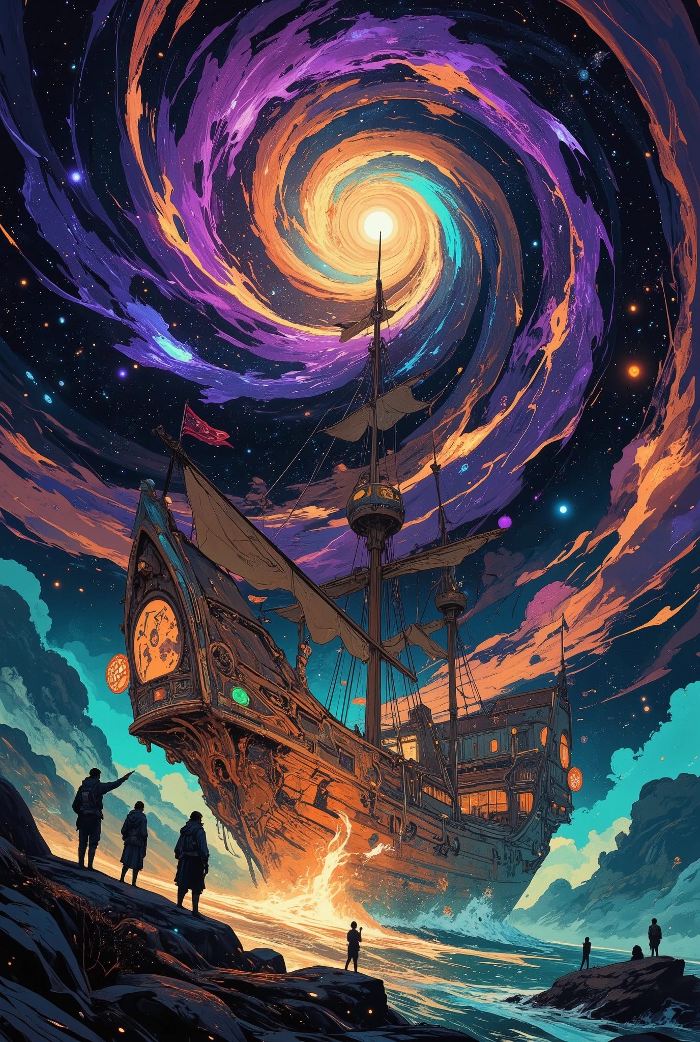 Fantasy-style (astral sea adventure:1.5), featuring a group of courageous adventurers navigating the vast and ethereal expanse of the astral sea. Their ship, an ornate vessel adorned with glowing runes and shimmering sails, drifts gracefully through an endless cosmic ocean that resembles a spiral galaxy. The swirling arms of the galaxy radiate vibrant hues of purple, gold, and teal, stretching infinitely into the distance, filled with shimmering stars and radiant nebulae.
The adventurers stand on the ship's deck, gazing in awe at the mesmerizing celestial landscape around them. Some point toward distant glowing orbs, while others study star charts filled with uncharted realms. Their expressions mix curiosity and determination, as they dream of endless possibilities that lie ahead in this boundless cosmic sea.
The atmosphere is magical and adventurous, with shooting stars occasionally streaking across the dark expanse and bursts of light from celestial phenomena illuminating the ship's hull. Style: cinematic fantasy anime, hyper-detailed, bold contrasts, vibrant colors, and a composition that evokes wonder, exploration, and infinite potential.
