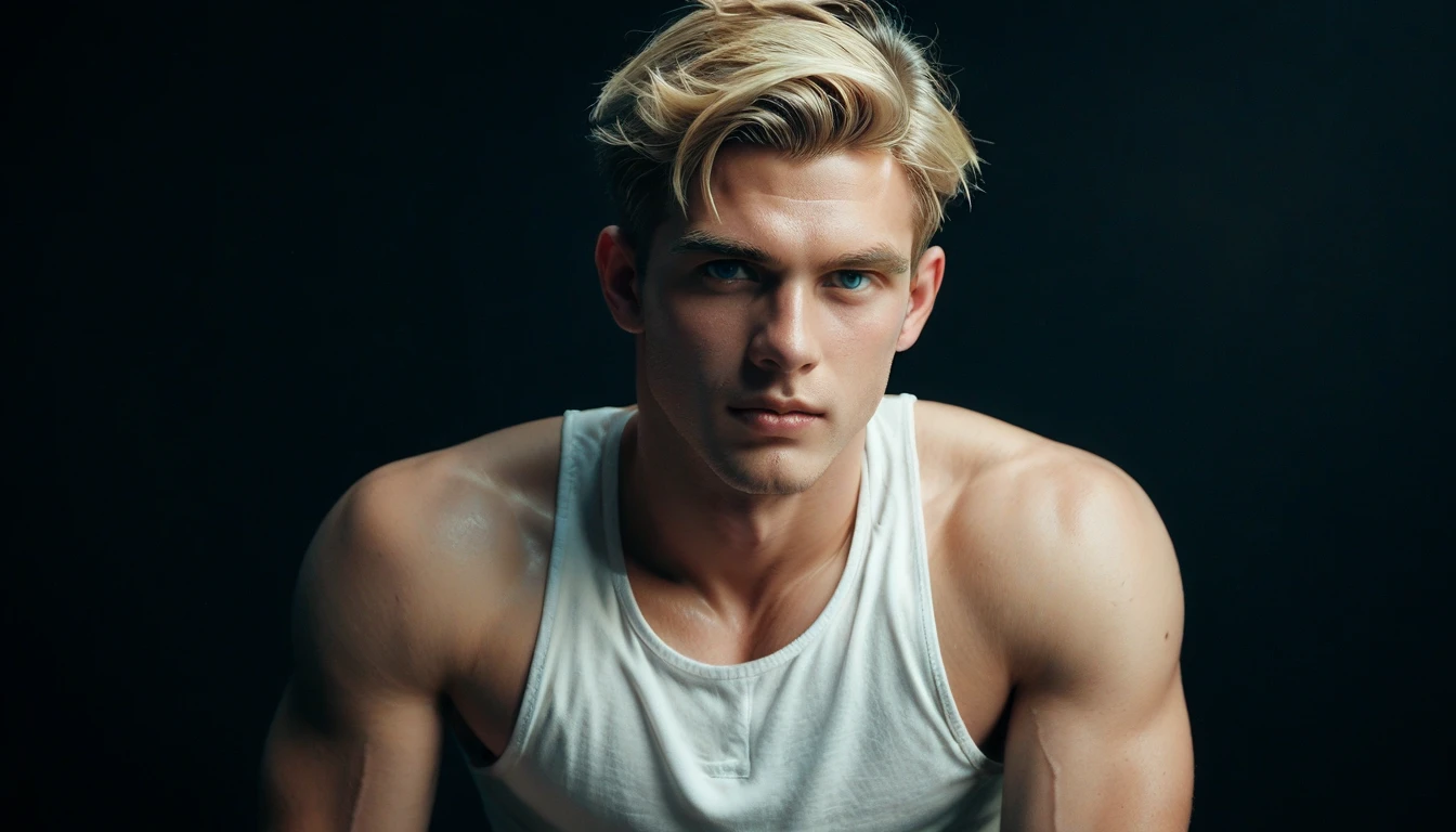 A photorealist image of a blond man, in his room, without a shirt, (freckles: 0.1) beautiful face, attractive face, model face, male face, detailed eyes, light green eyes, eyes with a halo honey color, dark eyelashes, dark eyelashes, Long eyelashes, small nose, large mouth, square chin, square jaw, muscular body,
Tiring from a foreground angle to capture the sensation of texture and vitality.