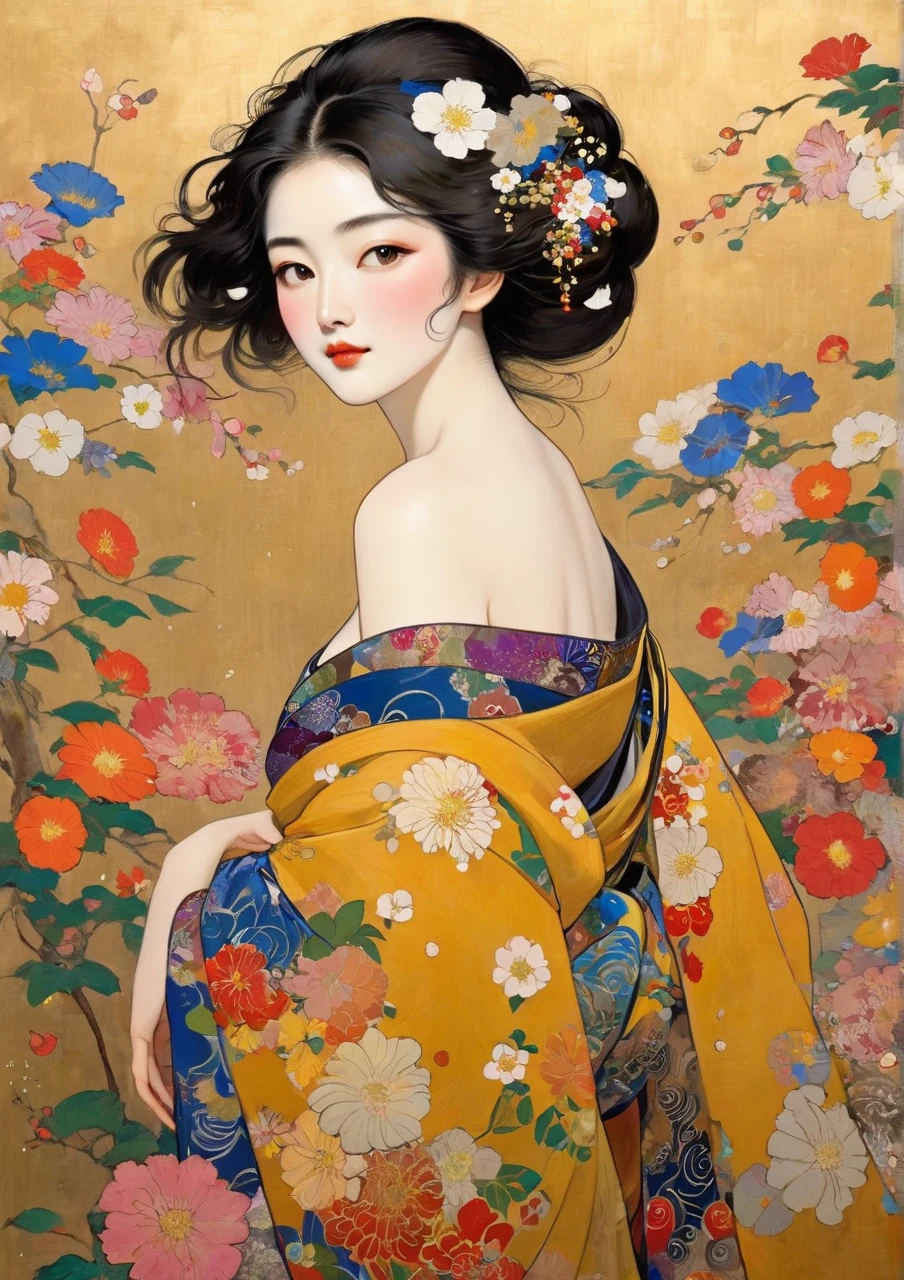 Masterpiece Japanese Painting, Klimt Style Masterpiece, flat art, picture drawn with simple crepas,  Unrealistically beautiful,  lots of flowers , Japanese woman with flat illustrations, 40 years old, Off Shoulder, full body, with a slightly round face, Protruding chin,  feels good, lots of petals dancing in the style, disheveled hair, Alluring Gaze、