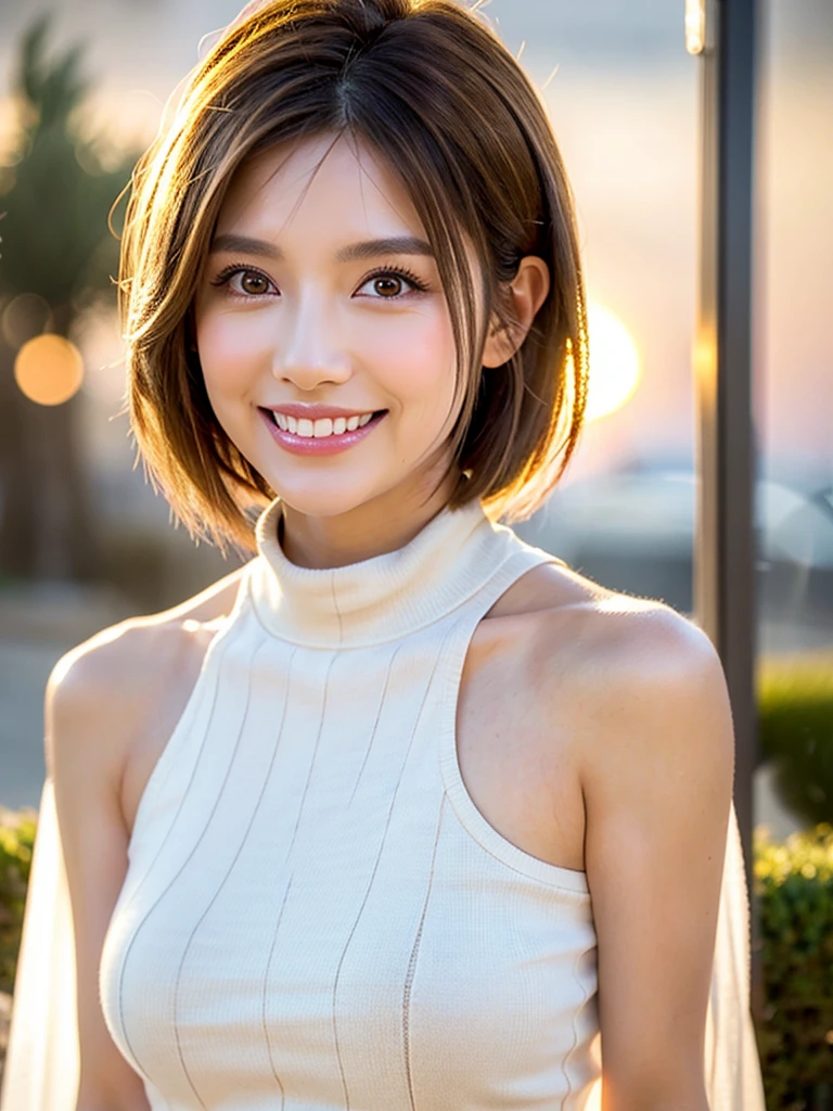 (UHigh resolution, retina, masterpiece, Accurate, Anatomically correct, Textured skin, Super Detail, Attention to detail, high quality, 最high quality, High resolution, 1080P, High resolution, 4K, 8k, 16K), (美しいAttention to detail目, Beautiful lip detail, Highly detailed eyes and face), Studio Lighting, Physically Based Rendering, Brightly colored boobs, Super big breasts, super extra big , Glamorous Body), (White turtleneck knit), (Portraiture, Bowl Cut, Shiny Hair, Glowing Skin), (Bokeh), (incline one's head to the side:1.5), Eye Reflexes, Jet Black Hair, Distinctive large, narrow eyes, Snow-like skin, Pink Lips, Rosy Cheeks, Large Breasts, A charming smile that captivates everyone who sees it, and the intelligent brain,