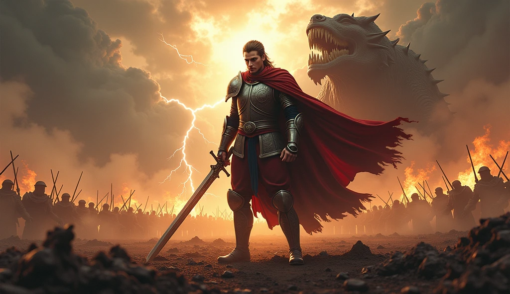 In the center of a war-torn field, shrouded in smoke and flames, stands a lone hero. His armor is scratched and stained with blood, but his eyes shine with determination. In the background, a stormy sky torn by lightning illuminates the silhouettes of clashing armies. The hero wields a gleaming sword, bathed in a mystical light that contrasts with the darkness around him. At his feet lie defeated enemies and around him, winds swirl as if nature itself responds to his presence. In a final cry of courage, he charges against a colossal creature that roars in the shadows, marking the climax of a battle that will determine the fate of the entire kingdom.