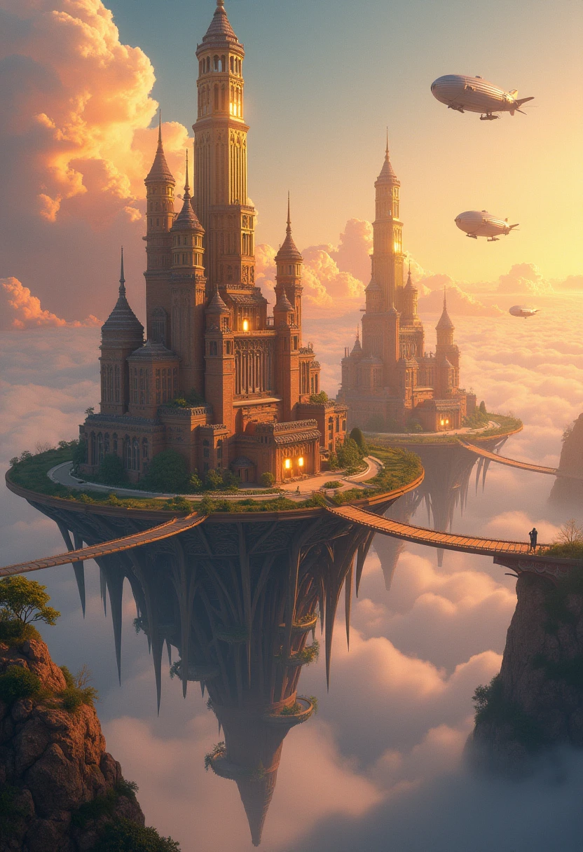 A breathtaking floating city suspended in the sky, with elegant bridges connecting levitating islands, golden towers shimmering in the clouds, and airships flying gently around. The sky is painted with warm sunset hues, casting dramatic light over the floating structures. Inspired by Studio Ghibli and Disney art styles, using dreamy and magical color palettes. HDR imaging with strong contrast of light and shadow. The scene is filled with whimsical details like glowing lanterns, cascading gardens from the sky, and soft mist swirling around the base of the floating buildings.
