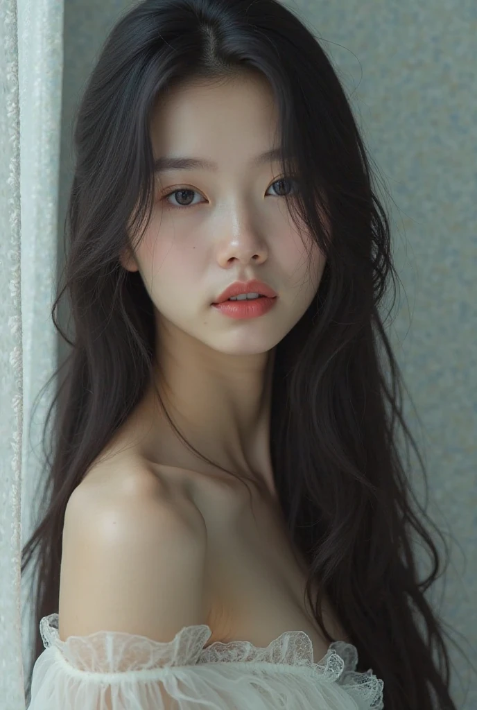 Naked asian girl , Exquisite face ,(Best quality,4K,8k,A high resolution,Masterpiece:1.2), (Realistic,Photorealistic,photo-realistic:1.37)long black hair , full body portrait, jade background