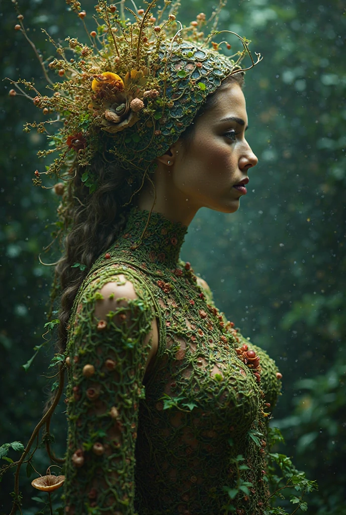 Goddess with nepenthes as her outfit theme, fantasi, mystical, with dramatic lightingdetailed portrait of a woman, goddes, wearing an intricate dress made of nepenthes plants, dramatic fantasy,mystical atmosphere, cinematic lighting, highly detailed, 8K, Photorealistic, HDR, professional, vibrant colors, chiaroscuro, dramatic shadows, moody, ethereal