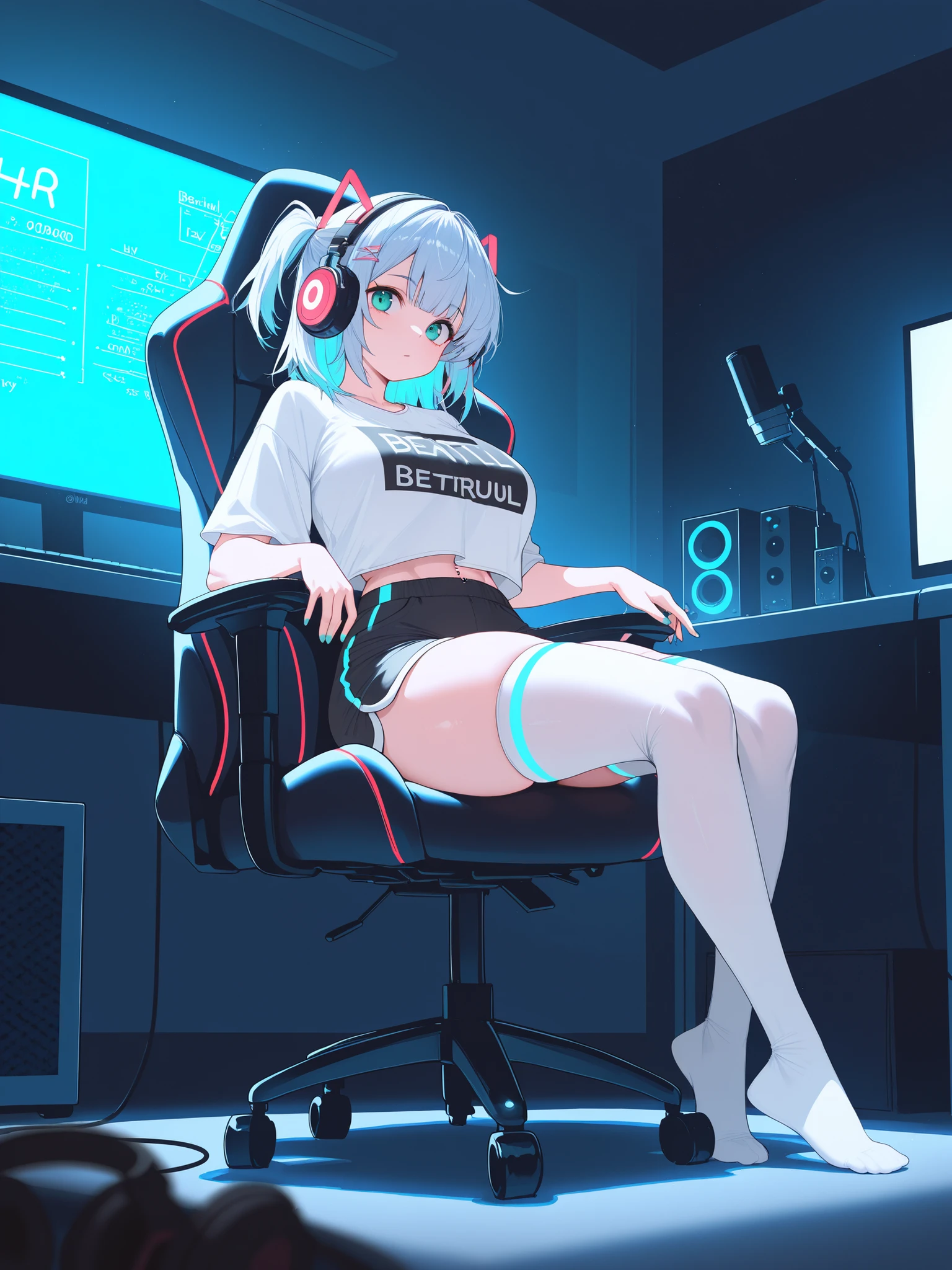 petite, small breasts, big butt, shorts, hoodie, wavy hair, split color hair, blue eyes, cute, headphones, facing viewer, small waist, thigh highs, sitting on chair, crop top, computer, fringe, alternative, black clothes, band merch,