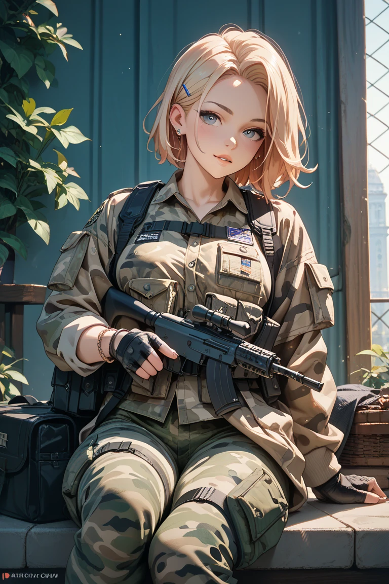 (Highest quality, 4K, 8k, High resolution, masterpiece:1.2), Very detailed, Picturesque, Anime-style photos, Photo animation:1.37)、Japanese、(Pink Hair)、(Pixie Cut)、smile、trench、Black choker、White camouflage jacket、White camouflage pants 、White camouflage helmet、Lace-up boots、Assault rifle、Full body photo、Nakano Ichika