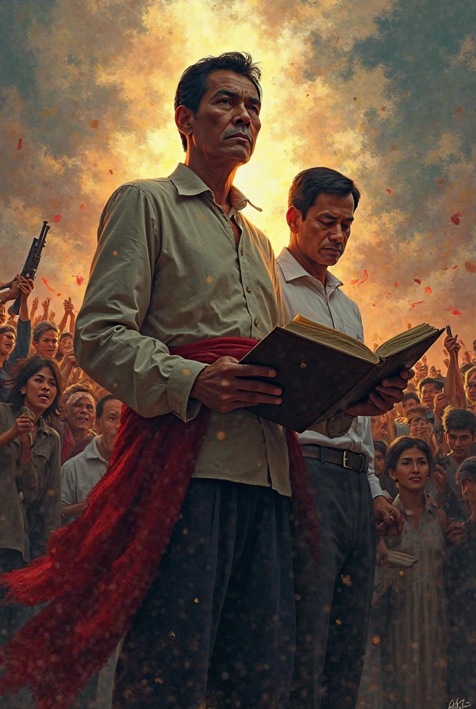 Jose rizal holding a book with Rodrigo Duterte holding a gun together with filipino people seeking for freedom, make it a banner size