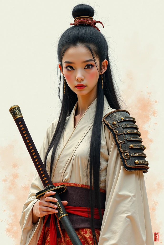 editorial_photography with a 50mm_lens,super_detailed_background,Super_realistic,double_exposure,depth of field,soft_focus bright tone,narrative_scene,Keibun Ota style watercolor_painting,Unfinished_Painting,thin pale pastel_tones,Super_skinny_female_Samurai,holding_Katana,armor,close-up_portrait,from_front,Super straight long hair,