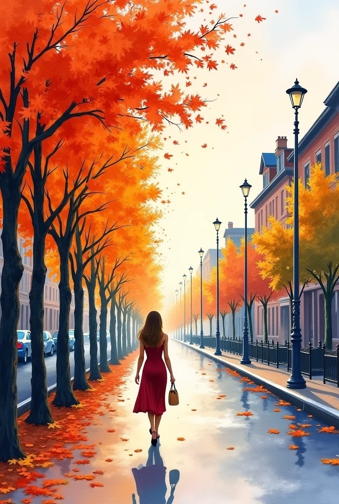 A low row of colorful trees on one side of a wide street ,on the other side of town houses .among the trees old street lamp posts, On the paved road a woman walks in elegant urban autumn dress. watercolor painting with thin brush strokes ,early autumn after rain, the fallen leaves are carried by the wind. Evening image