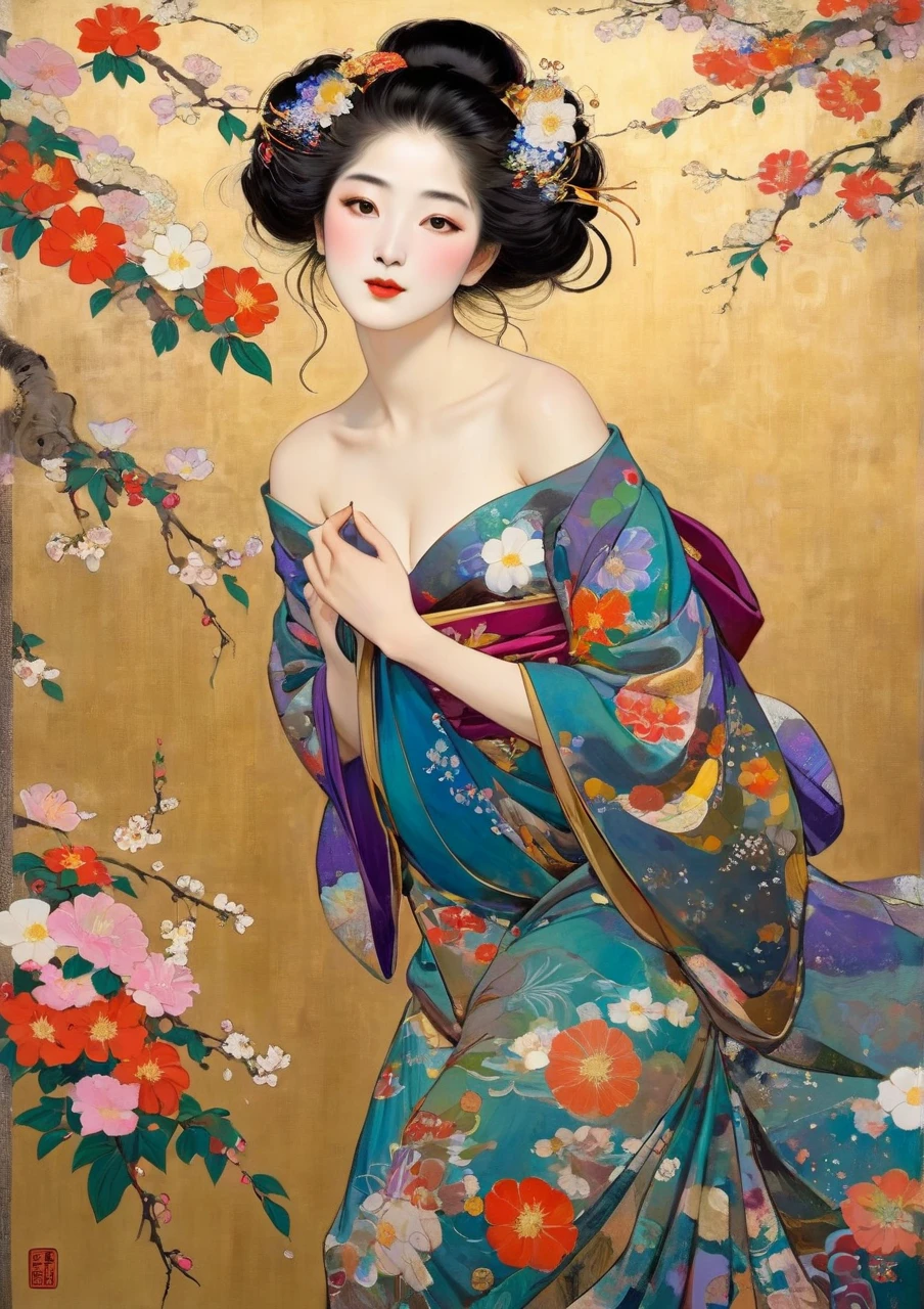 Masterpiece Japanese Painting, Klimt Style Masterpiece, flat art, picture drawn with simple crepas,  Unrealistically beautiful,  lots of flowers , Japanese woman with flat illustrations, 40 years old, Off Shoulder, full body, with a slightly round face, Protruding chin,  feels good, lots of petals dancing in the style, disheveled hair, Alluring Gaze、sitting,