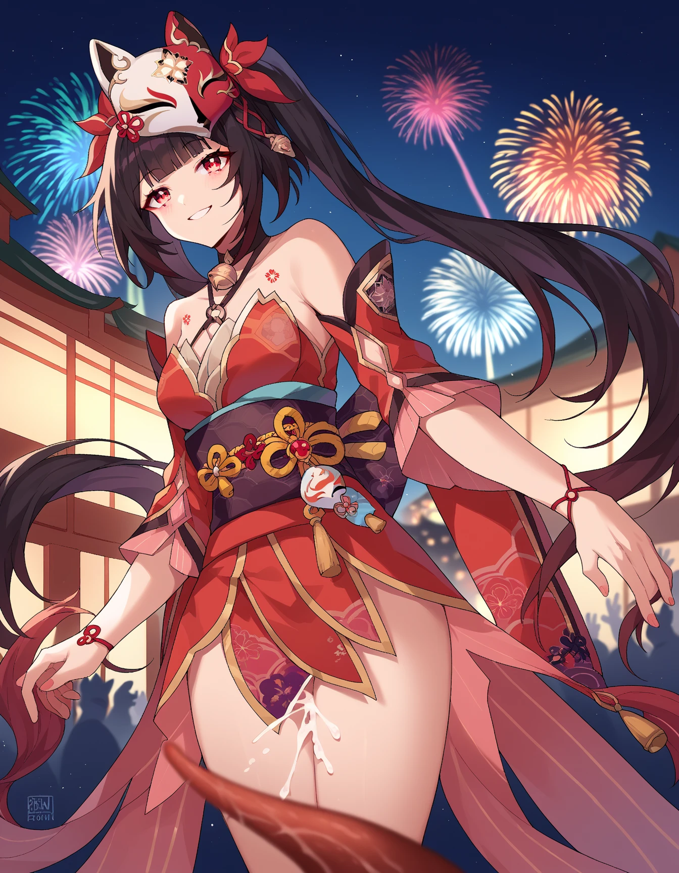 yatsu_murasaki,score_9,score_8_up,score_7_up,1girl,solo,dynamic angle,ymnym,cleavage,japanese clothes,kimono,hair ornament,wide sleeves,sash,obi,animal print,long sleeves,hair bow,east asian architecture, sky, fireworks,