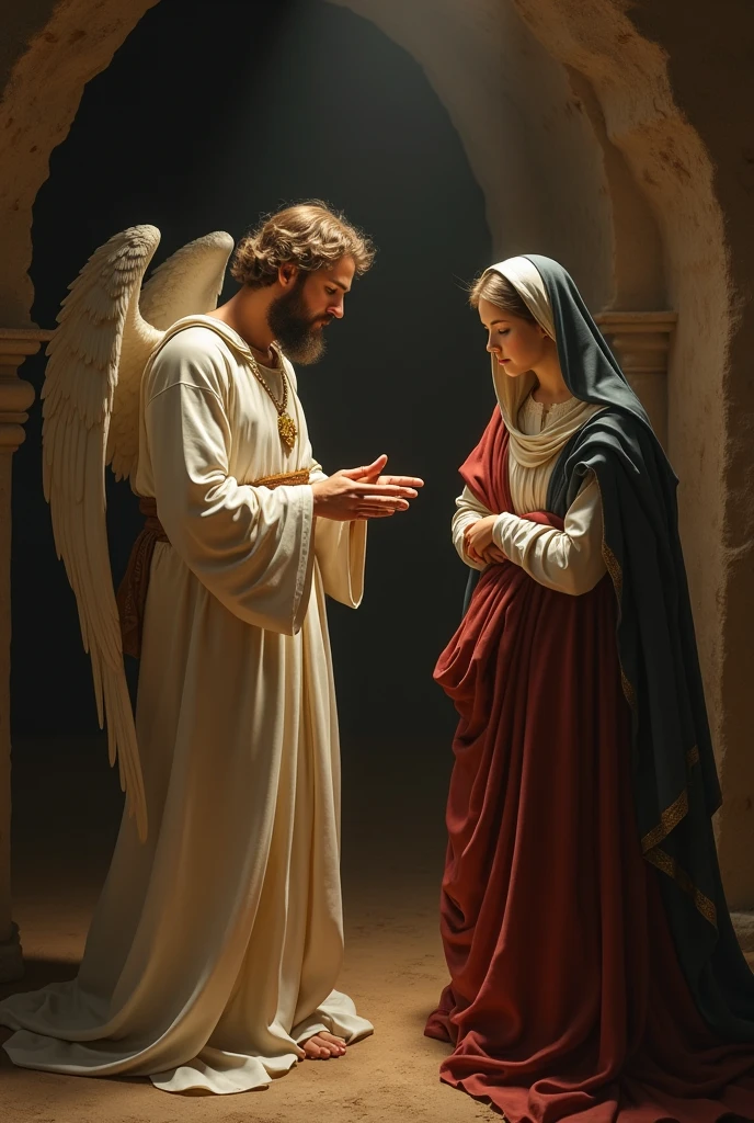 criar uma foto super realista (An angel and a girl) the angel and the angel Gabriel with the appearance of a bright man appearing to a 20-year-old girl with a Muslim appearance in a Muslim robe (foto ultrarrealista)