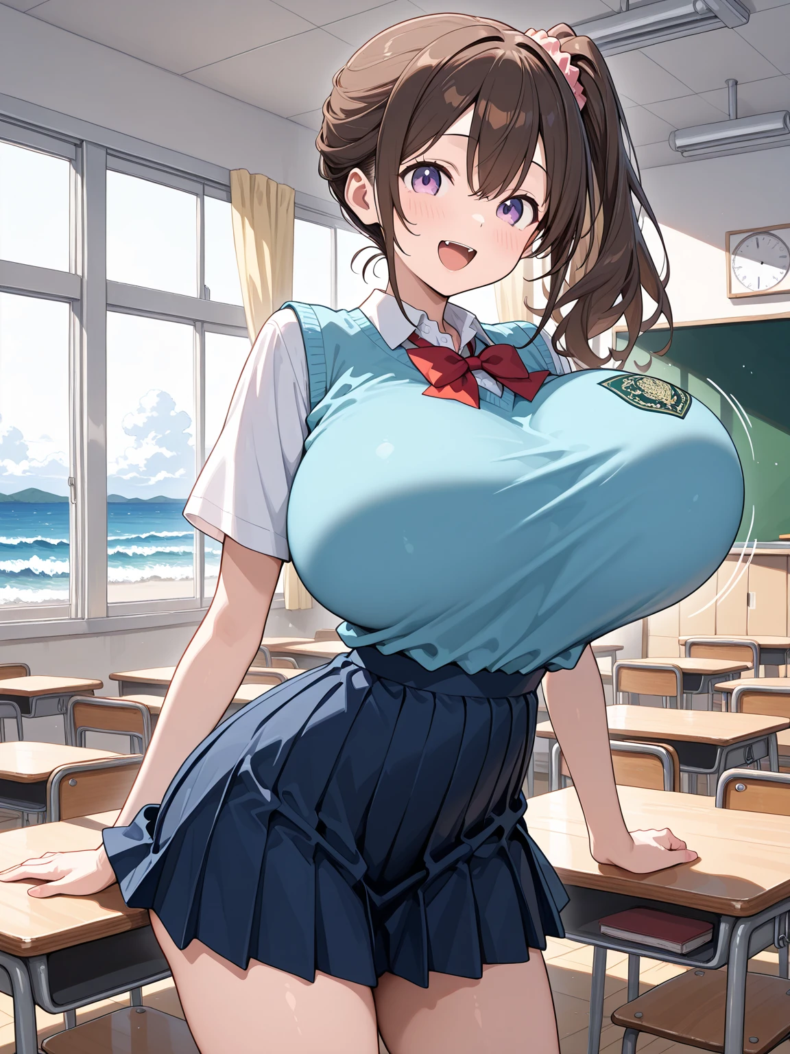 high quality, 4K, Low - Angle, 1 girl, embarrassed, age, Satono Diamond,(huge breasts:1.8), school swimwear