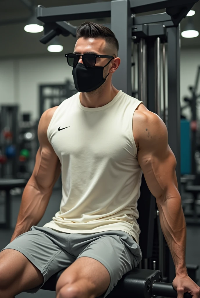 A shirtless man character wears white sneakers and a mask