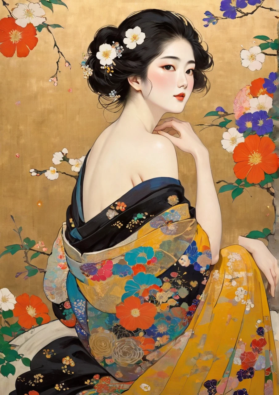 Masterpiece Japanese Painting, Klimt Style Masterpiece, flat art, picture drawn with simple crepas,  Unrealistically beautiful,  lots of flowers , Japanese woman with flat illustrations, 40 years old, Off Shoulder, full body, with a slightly round face, Protruding chin,  feels good, lots of petals dancing in the style, disheveled hair, Alluring Gaze、sitting, Bold Composition 、