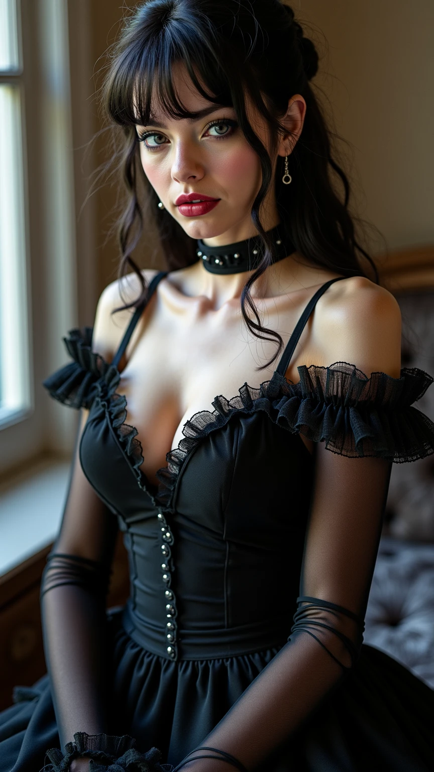 1 mujer hermosa, (realista:1), brown hair, Cabello largo, ojos marrones verdosos, sonrisa seductora, cuerpo completo, (((black gothic dress with lace on the neckline))), tetas perfectas, cuerpo increible, pale-skin, fondo de la ciudad de Barcelona, (highly detailed pale skin:1.2), 8k UHD, DSLR, Soft lighting, alta calidad, hiperrealista, Film grain, Fujifilm XT3