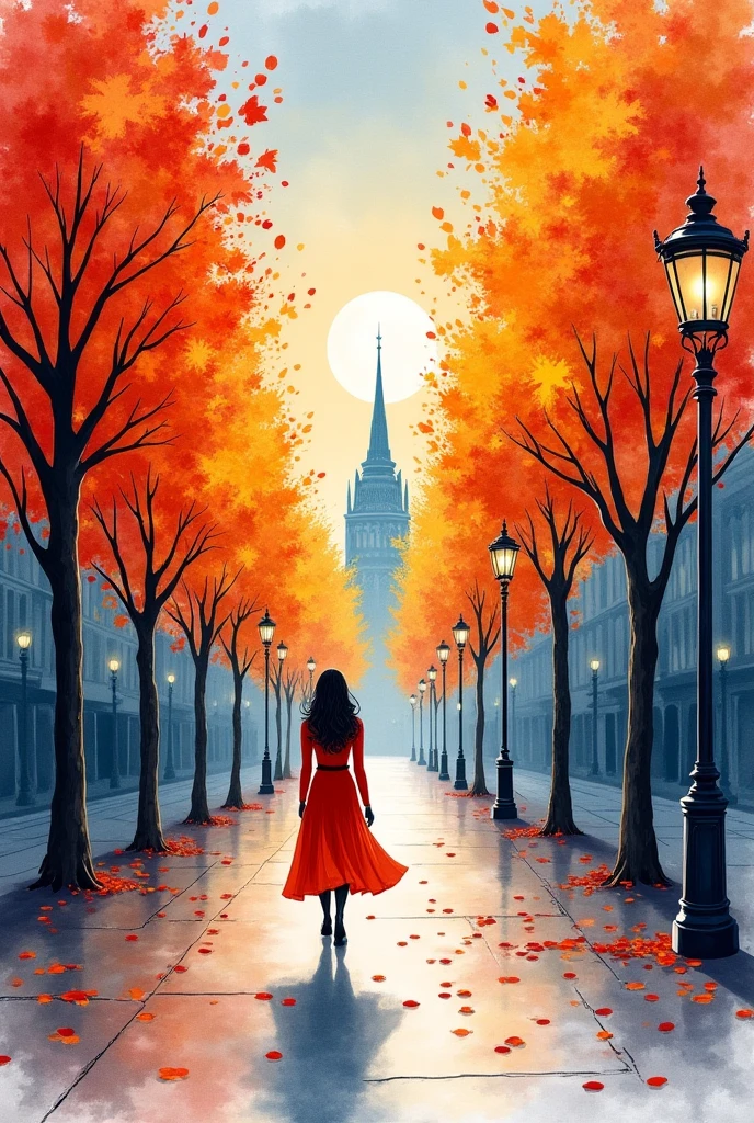 A low row of colorful trees on one side of a wide street ,on the other side of town houses .among the trees old street lamp posts, On the paved road a woman walks in elegant urban autumn dress. watercolor painting with thin brush strokes ,Rain after early autumn, the fallen leaves are carried by the wind. Late at night the moon is up