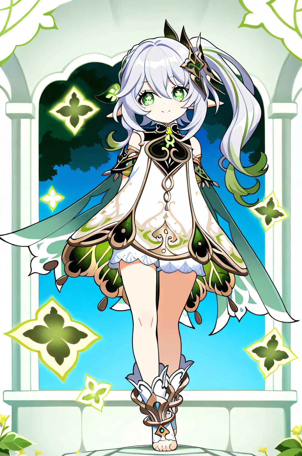 1girl, anime style, masterpiece , highly detailed, 4k, masterpiece, best quality, ultra detailed, well-defined line,
full body, facing viewer, direct eye contact,
Nahida, nahida \(genshin impact\), green eyes, dress, white dress, pointy ears, cross-shaped pupils, symbol-shaped pupils, + +, side ponytail, long hair, white hair, multicolored hair, hair ornament,
hands held behind her back, slightly tilted head, curious expression, subtle smile,
Mysterious Forest background, soft natural light ,