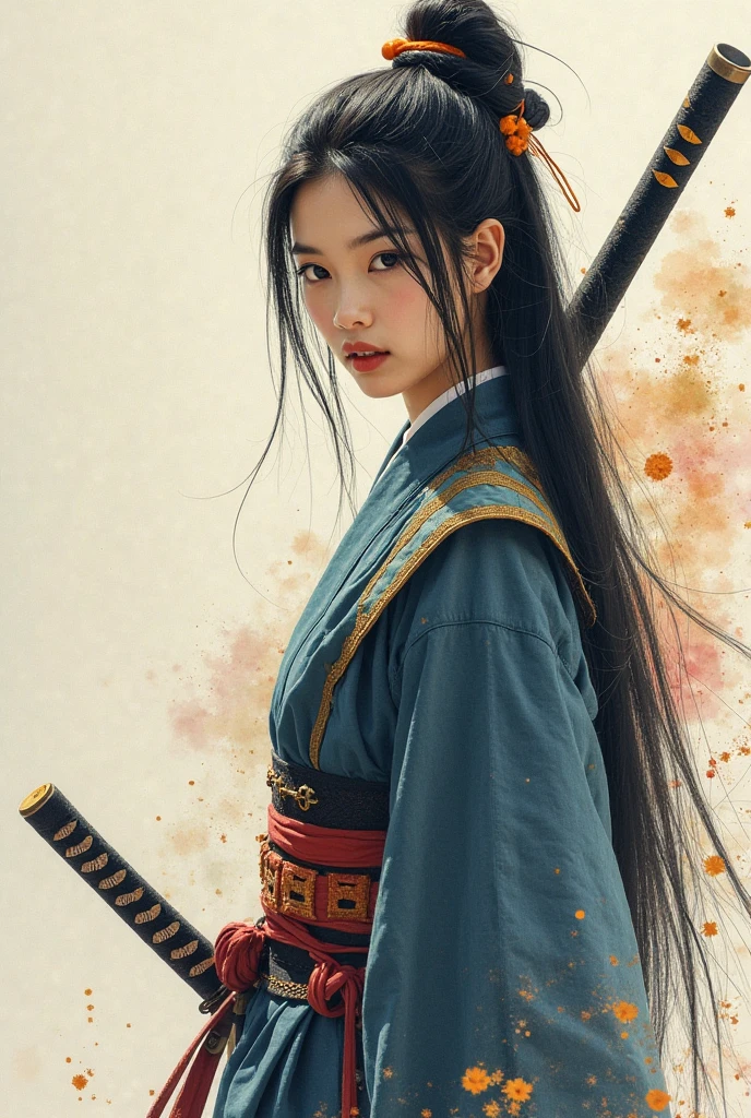 editorial_photography with a 50mm_lens,super_detailed_background,Super_realistic,double_exposure,depth of field,soft_focus bright tone,narrative_scene,Keibun Ota style watercolor_painting,Unfinished_Painting,thin pale pastel_tones,Super_skinny_female_Samurai,holding_Katana,armor,close-up_portrait,from_front,Super straight long hair,Iaido,