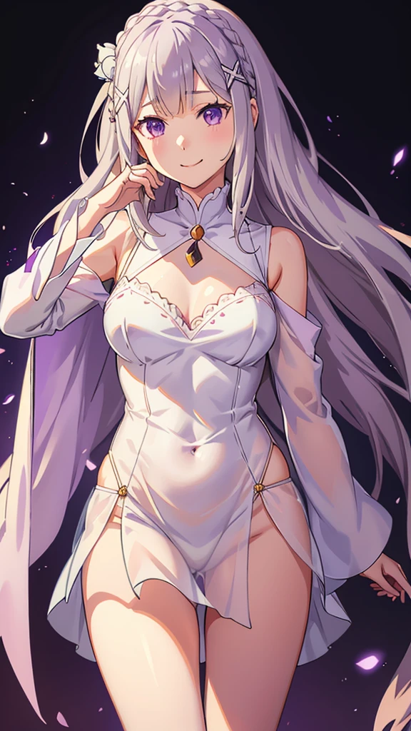 Emilia Re:Zero, white hair, white crown braid, purple ribbons in hair, white flower in hair, white lingerie, x hair ornament, purple eyes, long hair, medium breasts, fox ears, fox girl, 1girl, solo,
(masterpiece:1.1), (best quality:1.1), (ultra-detailed:1.1), (illustration:1.1), medium breasts, one piece lingerie, bra, panties, camel toe, lacy white lingerie, cleavage cutout, midriff, looking at viewer, cowboy shot, blushing