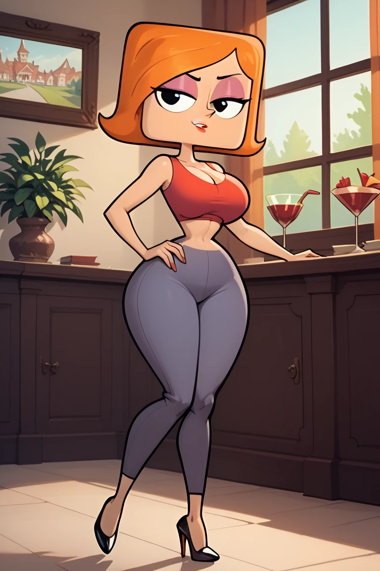 Full body shot of a curvy large breasted redhead female. Lois Griffin. She is wearing a skimpy stewardess outfit and standing in the Griffin living room.