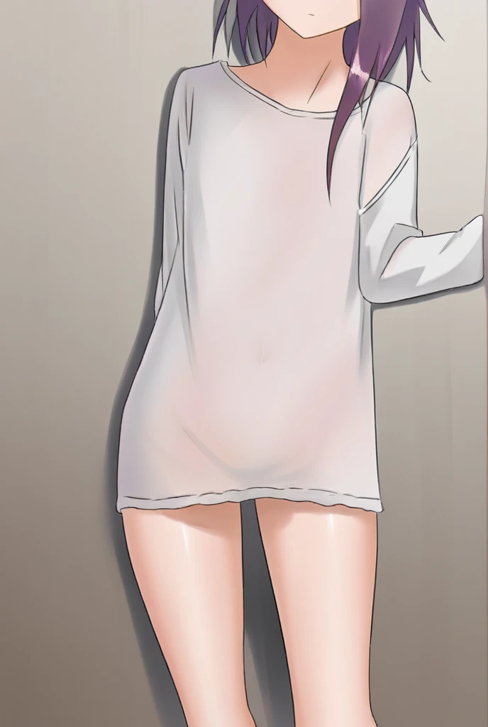 White T-shirt, open breasts, dress, no pants, arms behind back,