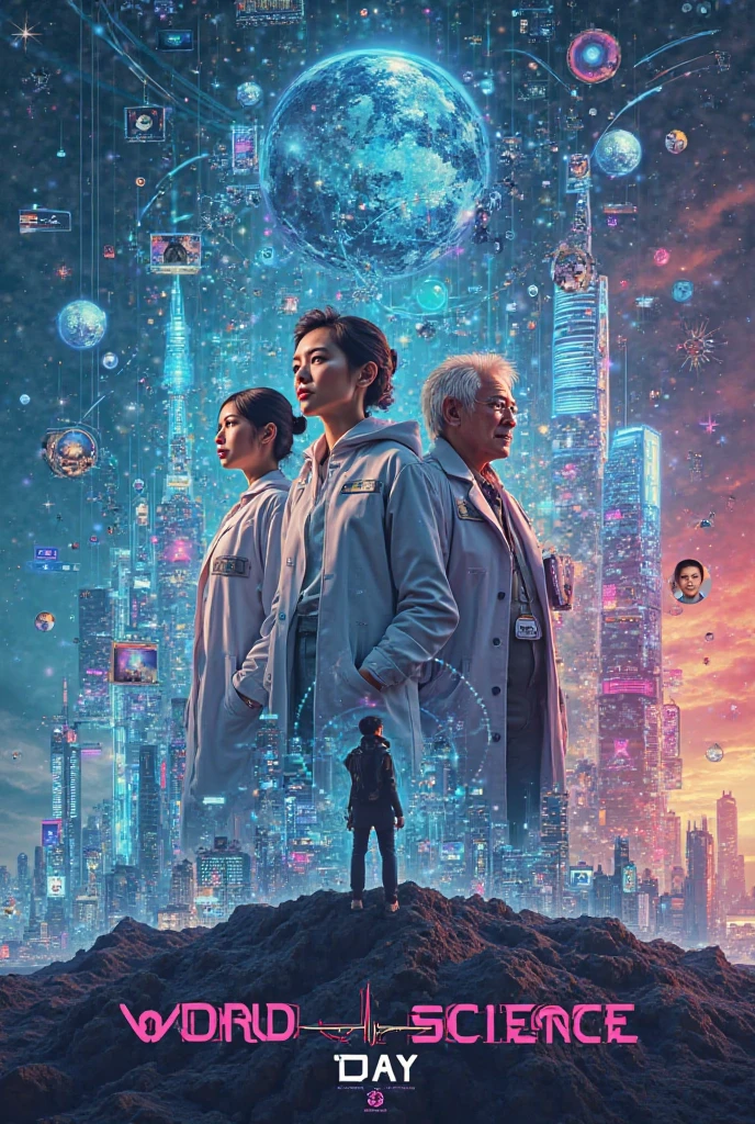 Make a World Science and Technology Day poster in English: there can't be any flaws in the image, it's for a professional website

