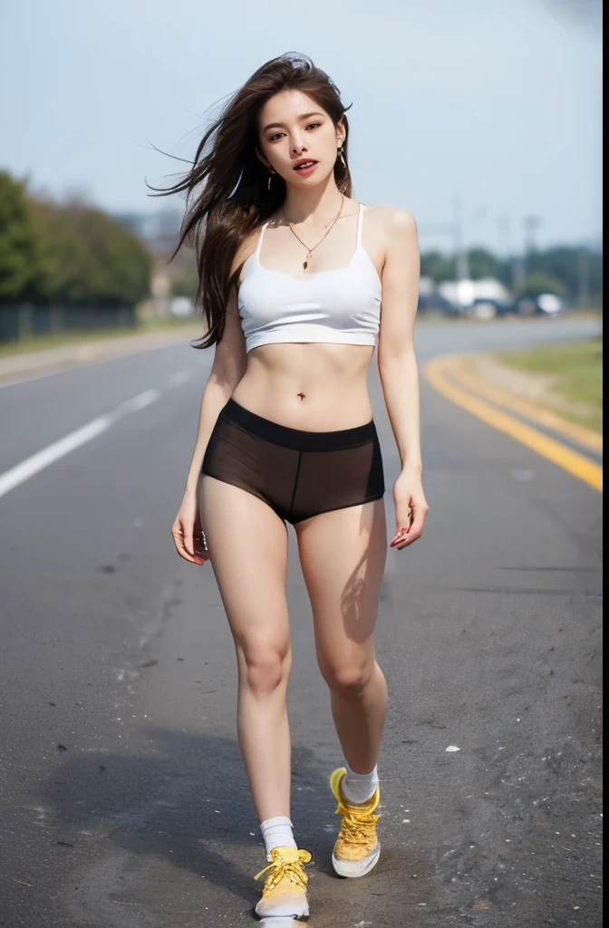 girl in a , sleeveless, miniskirt, pose with exposed armpit, squatting, legs open, open leg pose, raining, urban area, no bra, no panties, underwear sticking to the slimy body
