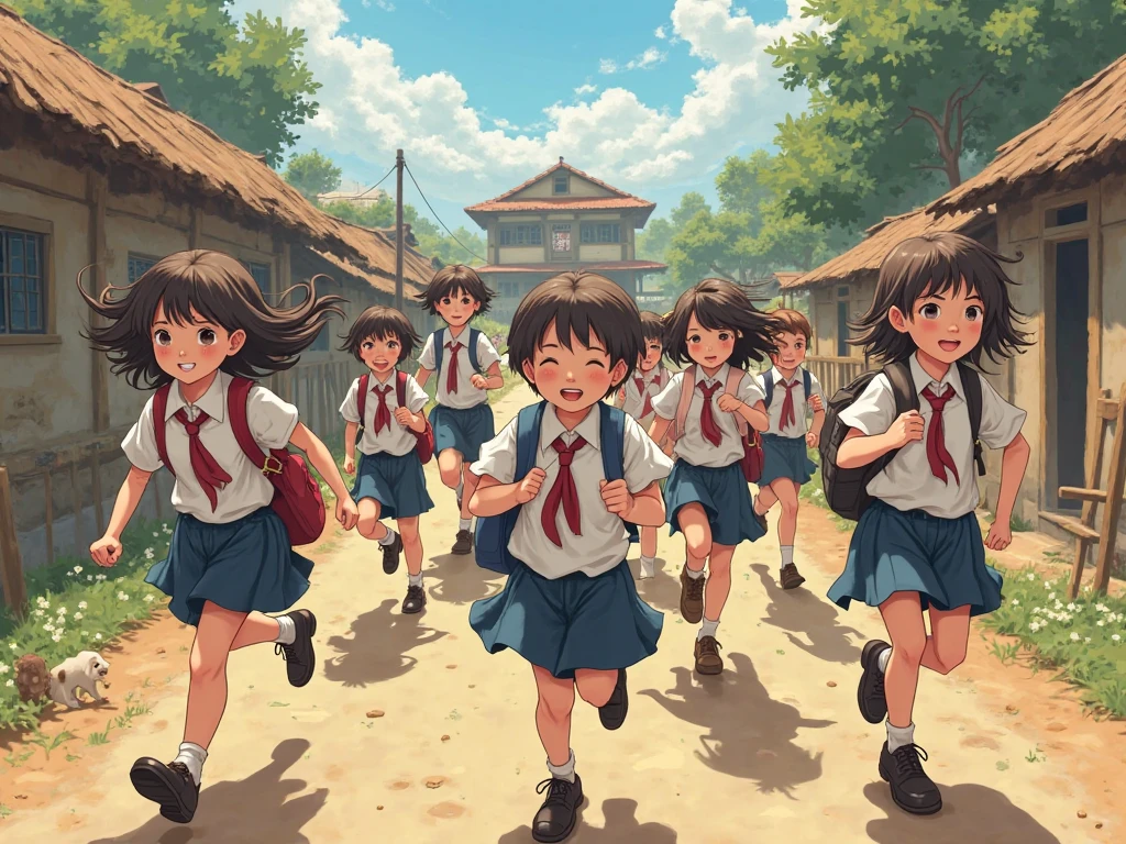 Please make me a picture. Where you can see some school girls and boys wearing school uniforms running towards village school. The image must be original.
