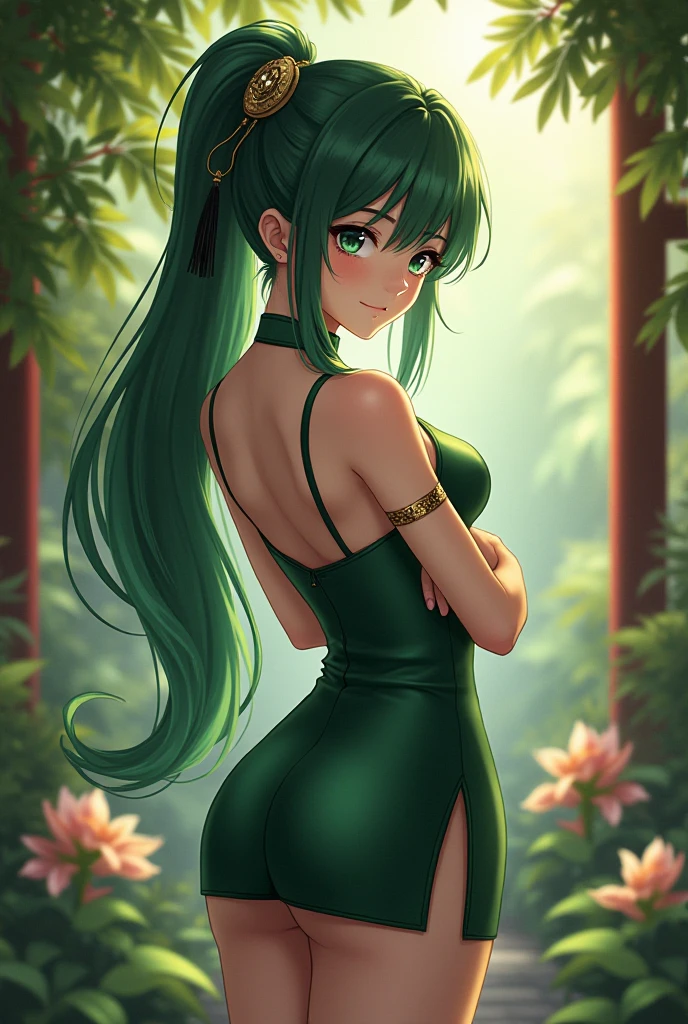 Anime style girl、dark green hair、side tail、Khaki eyes、china dress、qipao、 breasts、Groin、sensual、Thighs、crotch、Deep Crack、、costume that shows s、 fantasy garden 、Mysterious Atmosphere、Warm Light、 Stunning Decor 、Chinese style garden、4K、high resolution、realistic、vivid