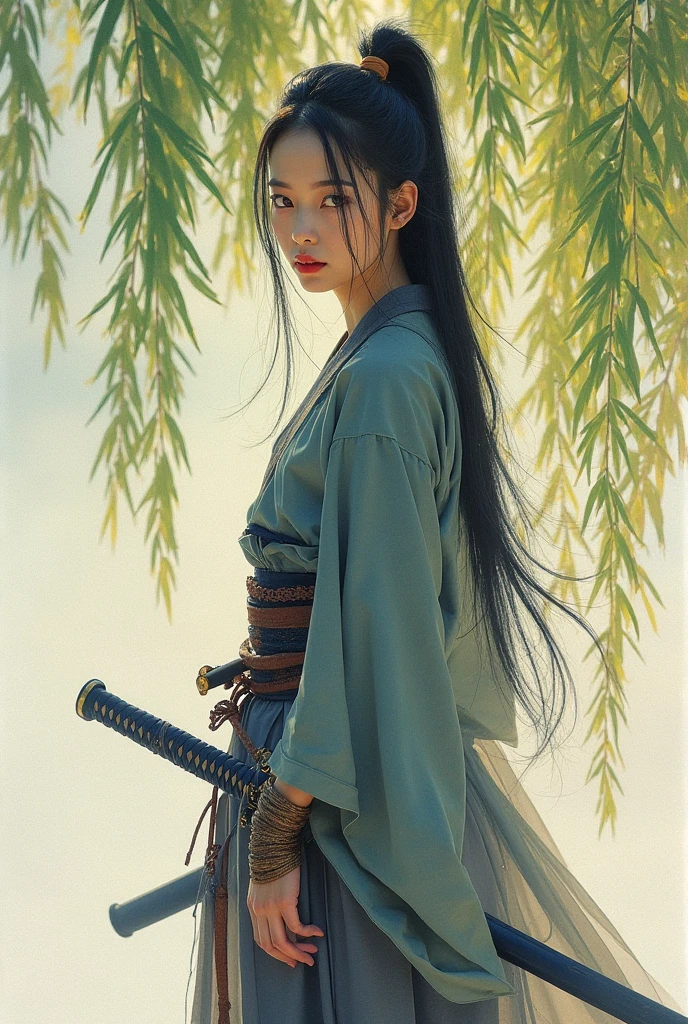 editorial_photography with a 50mm_lens,super_detailed_background,Super_realistic,double_exposure,depth of field,soft_focus bright tone,narrative_scene,Keibun Ota style watercolor_painting,Unfinished_Painting,thin pale pastel_tones,Super_skinny_female_Samurai,holding_Katana,armor,close-up_portrait,from_front,Super straight long hair,Iaido,under the willow tree,
