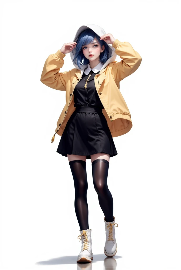 Full body, slow motion, (facing camera). Imagine a shy adult girl. She has short blue hair. The girl is wearing a cute black short dress with a tie and a light yellow jacket with a white hood. A strong wind is blowing and the girl holds the hood over her head, so that he doesn't get blown away. On the feet, black stockings slightly above the knee and white boots with yellow laces and yellow soles. Picture a girl in an active position. white background