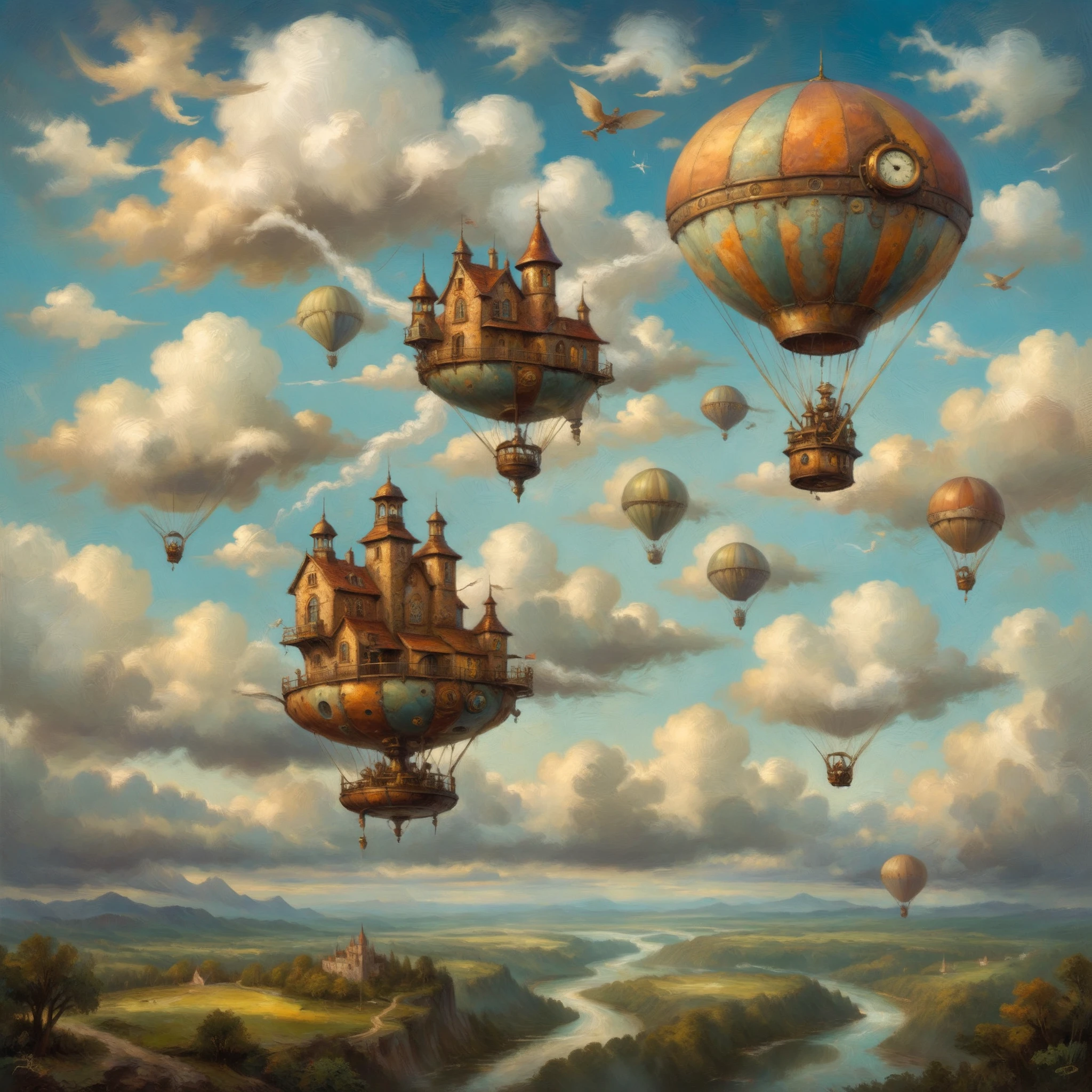  A fresco in the style of oil painter depicting a very steampunk parachutistin the clouds. A lot of steampunk details. The atmosphere is a combination of classical art and a light touch of steampunk aesthetics. Full of steampunk details.