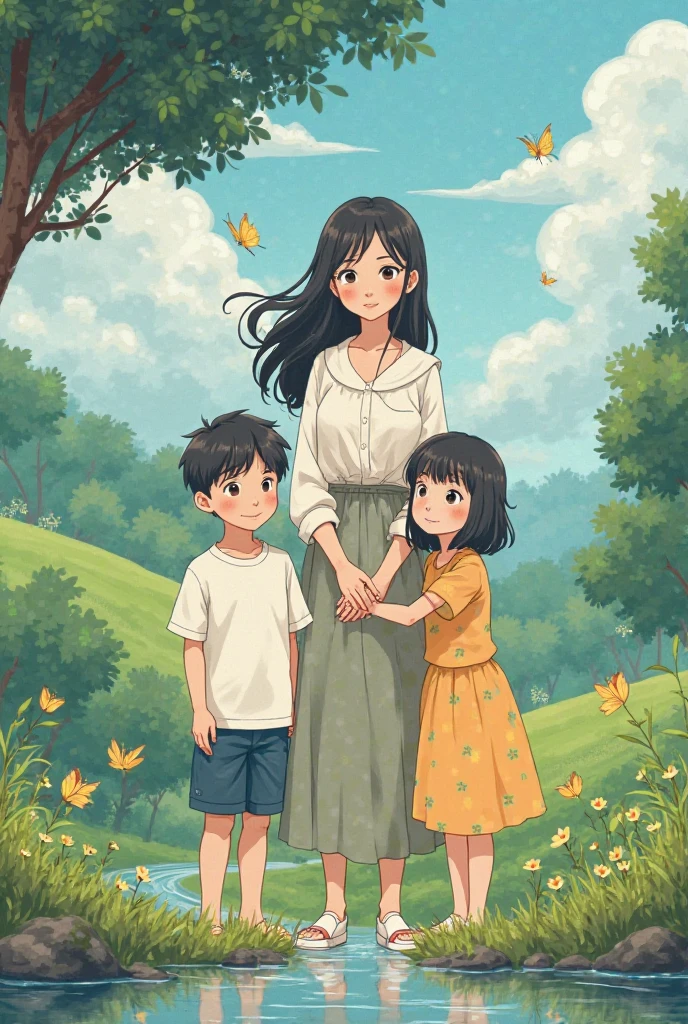 Crée une photo Ghibli d'une maman avec ses enfants, le grand garçon a 7 ans, et la petite fille a 4 ans