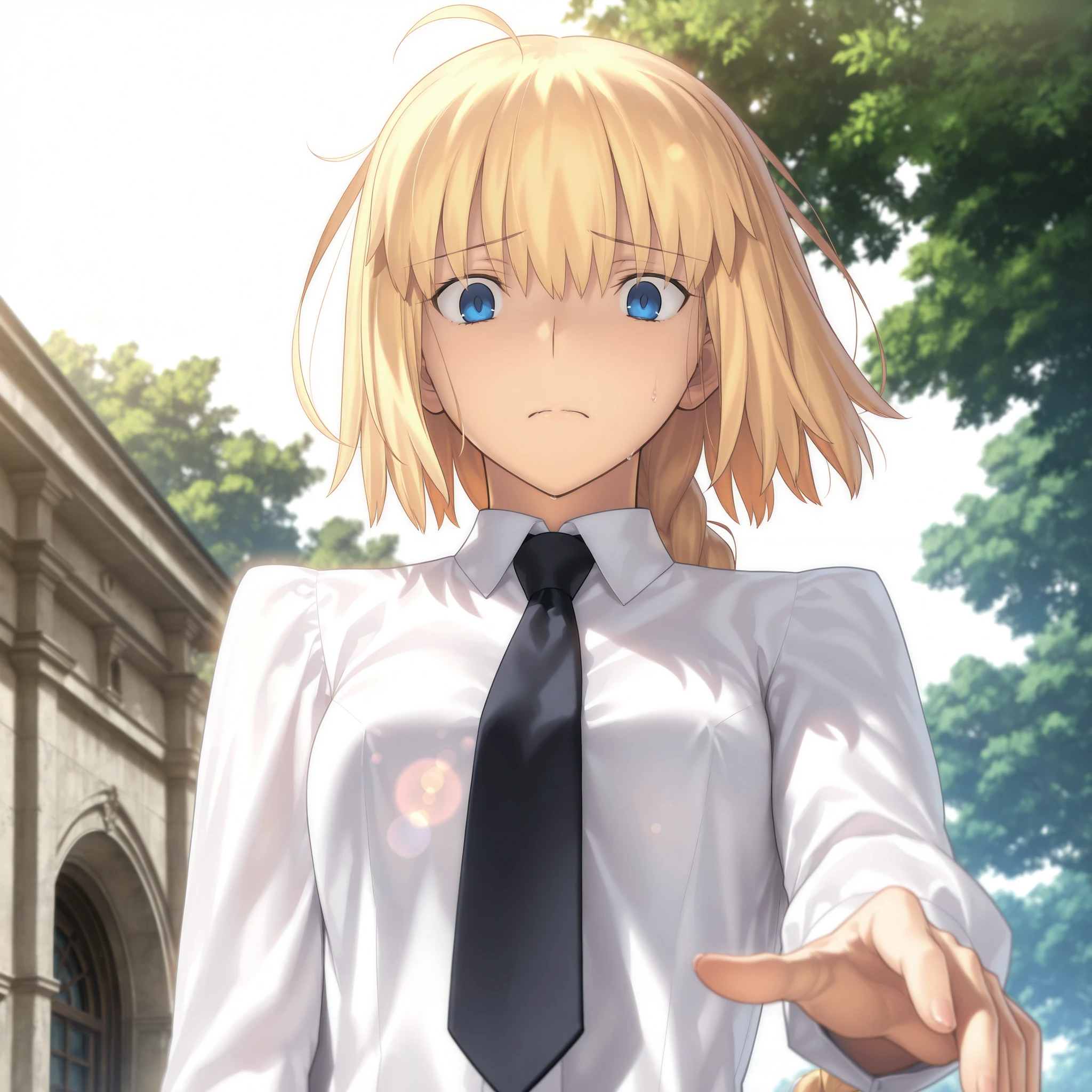 masterpiece, , absurdres, highres, detailed background, high resolution, masterpiece, necessary, detail, best quality, quality, necessary, details, High details, Precise, outdoors, (dappled sunlight), day, lens flare, blurry background, from below, upper body, , solo, ,
1girl, , Takeuchi Takashi (type-moon,tsukihime) style, takeuchi takashi style, (reaching), ((worried, confused, wide eyed, half-closed eyes, squinting)), , ,
tall girl, mature, jeanne d arc, \(fgo\), blue eyes, , jeanne d arc, blonde hair, medium hair, ( floating hair ), (open white dress shirt), black necktie ,big braid, single braid, small breasts, underwear, ((looking at viewer, looking down)), , concrete, , ,