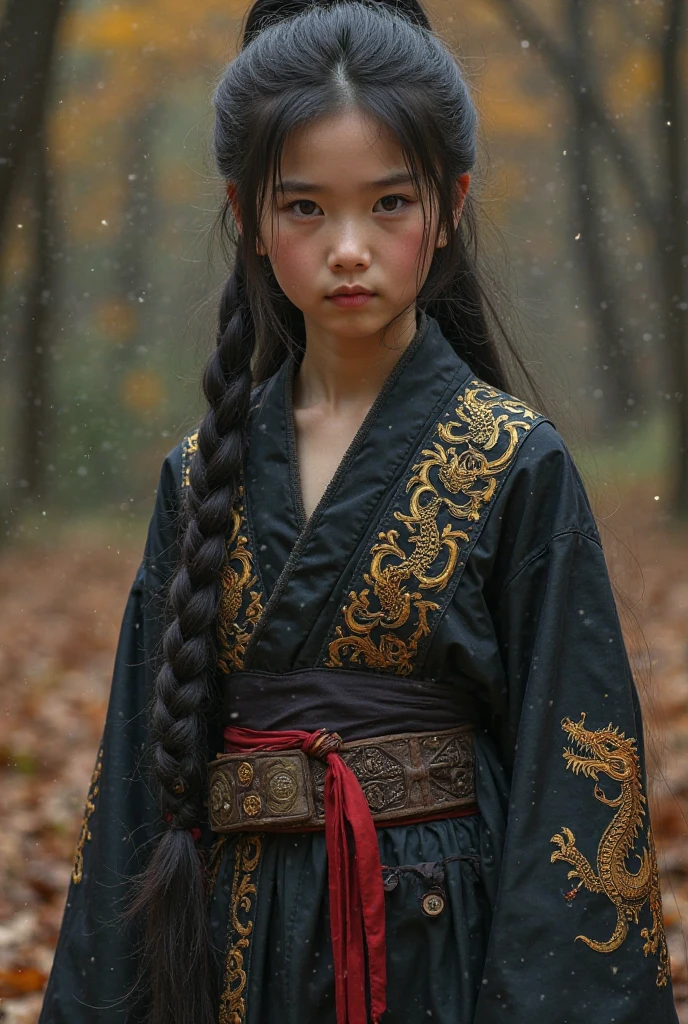 Mei Lan Young, a  girl, is the daughter of the immortal warrior Chase Young and an ancient dragon spirit. Born through a forbidden ritual, she was raised in the Palace of Shadows. Mei Lan died in her mother’s ???? before birth, leaving her father in sorrow. Unwilling to accept her death, he used dark magic and dragon rituals to bring her back to life.

Half-human, half-dragon, her long black hair is tied in a braid with red silk. One eye glows gold or red when angered, and her skin is flawless like her father's. She wears a dark silk robe with golden dragon patterns, long flowing sleeves, a leather belt with symbols, and flexible boots. Sometimes she wears a shadow mask during tasks.
