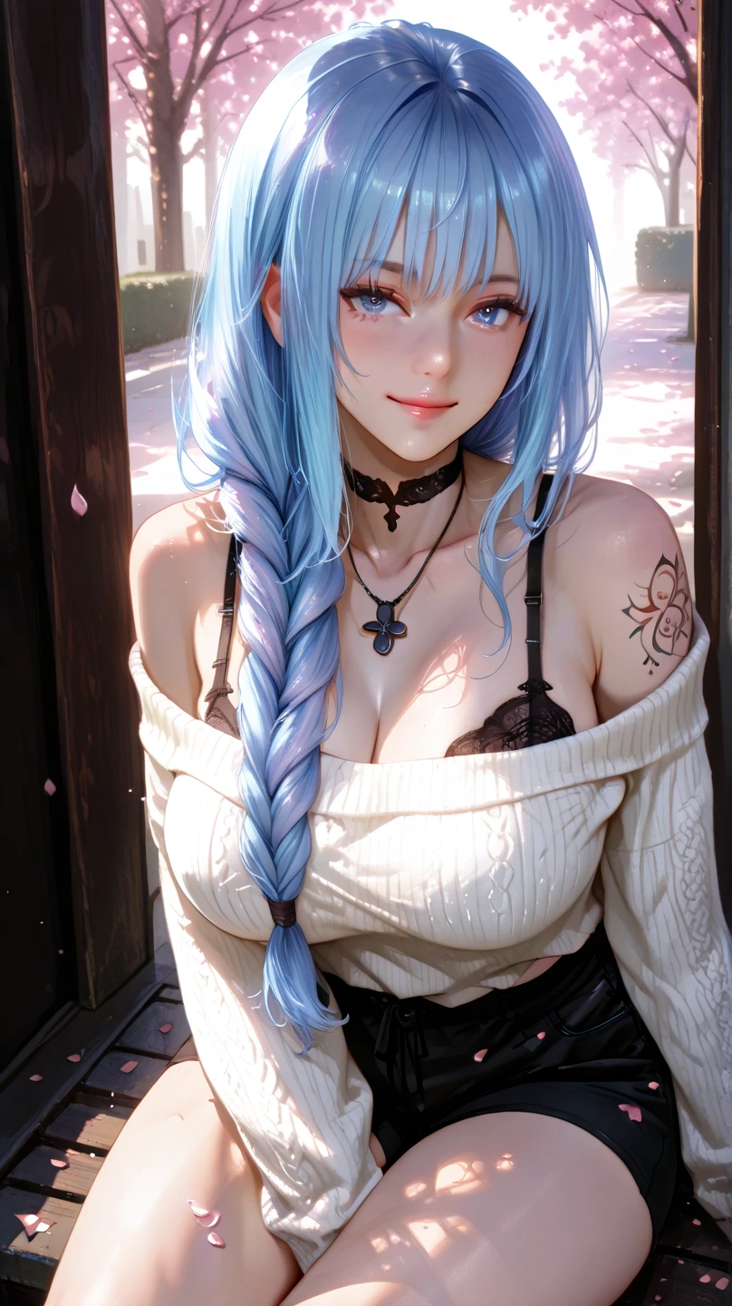 "artwork, CRU, Beautiful art, professional artist, 8k, art style by sciamano240, highly detailed face, highly detailed hair, 1 woman, perfectly sculpted body, beautiful face, long hair, Light blue hair, highly detailed blue eyes, rosy cheeks, intricate details in the eyes, playful smile, looking directly at the viewer, capturing the viewer's expression, black choker, lipstick, wearing cute autumn clothes, jacket, sweater, short pencil skirt, thigh-high boots, full-body view, standing, one foot on a park bench, autumn scenery on a sunny day, (best quality, 8k, highres, masterpiece:1.2), ultra-detailed, (realistic, photorealistic, photo-realistic:1.37), professional, vivid colors, portraits, studio lighting."