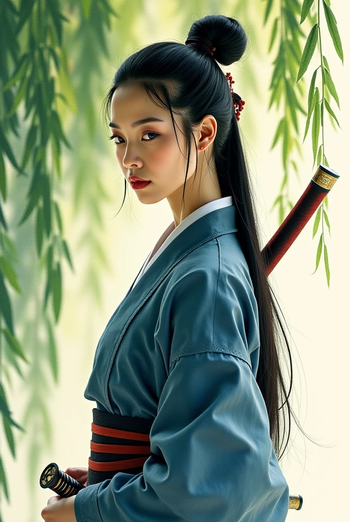 editorial_photography with a 50mm_lens,super_detailed_background,Super_realistic,double_exposure,depth of field,soft_focus bright tone,narrative_scene,Keibun Ota style watercolor_painting,Unfinished_Painting,thin pale pastel_tones,Super_skinny_female_Samurai,holding_Katana,armor,close-up_portrait,from_front,Super straight long hair,Iaido,under the willow tree,