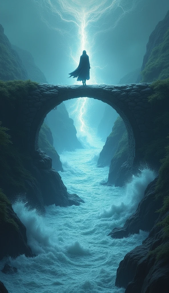 “A broken bridge over troubled waters with a glowing path forming mid-air under someone’s feet as they walk — symbol of faith and divine direction — fantasy realism, vertical orientation”