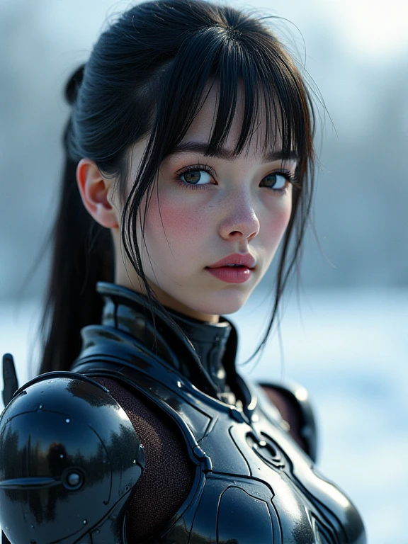 heroine like a movie realistic the face of a girl from the future, swordsman star armor chrome mesh, black,  Stratosphere, black космос, hdr, bright highlights ,, sits on the skin of a starship, speed particles smeared, hairpins, , .dust. pixel particles, fog, anime .ice background