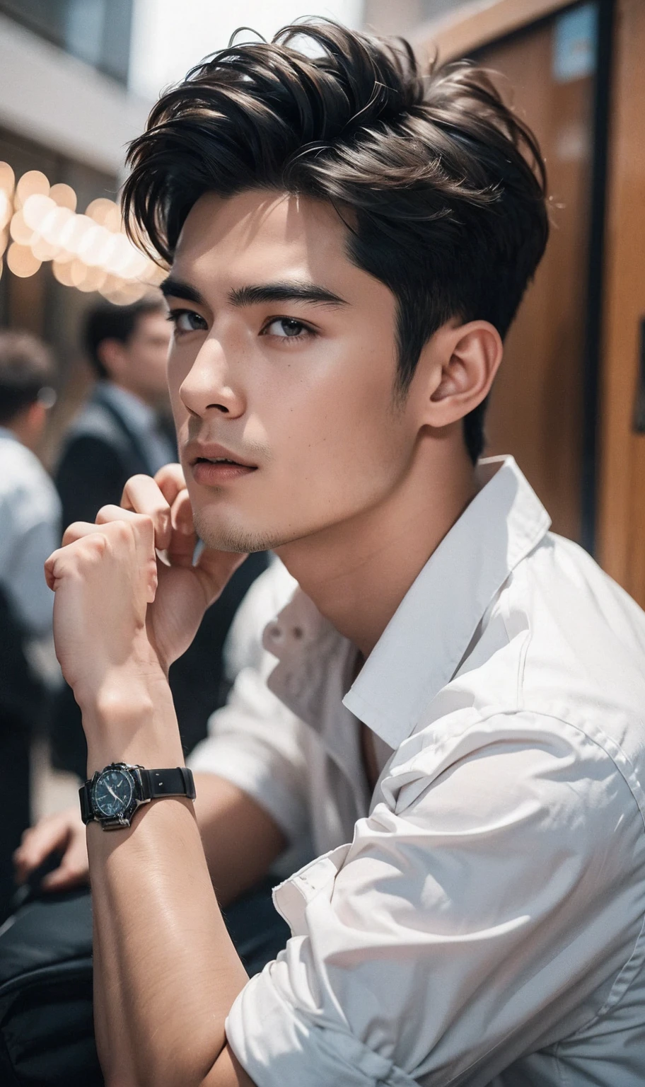 there is a man in detailed white shirt with watch on wrist posing for photo,  portrait color photo, rick dai, color photo, asian man, detailed face of a 23 year old asian boy, portrait of handsome young man