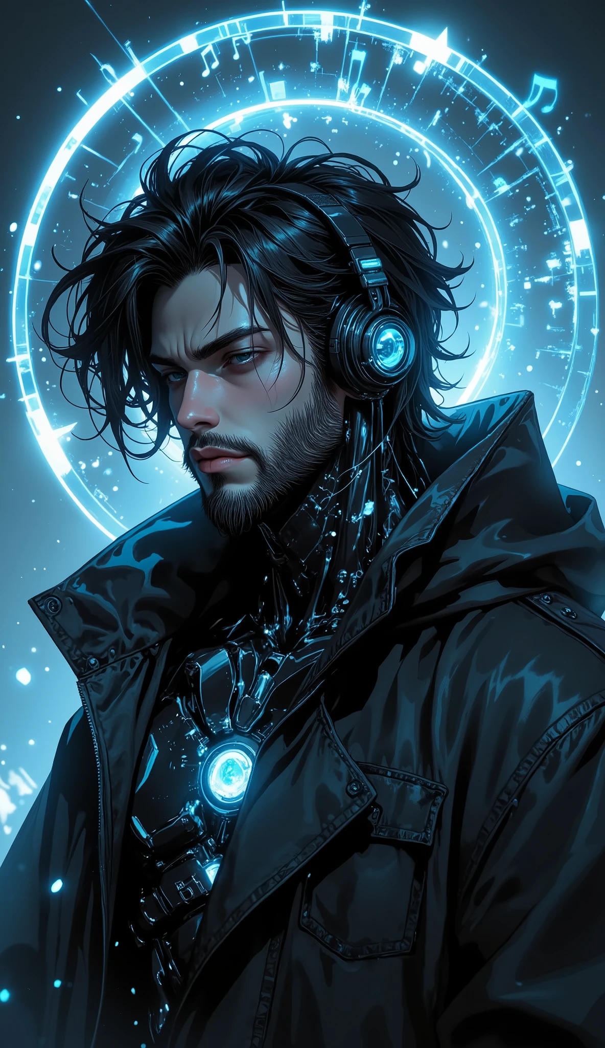 8k, Masterpiece, Top Quality, (full body shot:1.5), serene, black hair, black jacket, flowing, translucent, iridescent headphones, dark blue,  ethereal, peaceful, pastel, blue, black, blue, white, hazy, musical notes, dreamy, detailed, flowing hair, shimmering particles, soft lighting, digital, fantasy art, male, masculine face, beard, angry face, cyborg, masculine chest