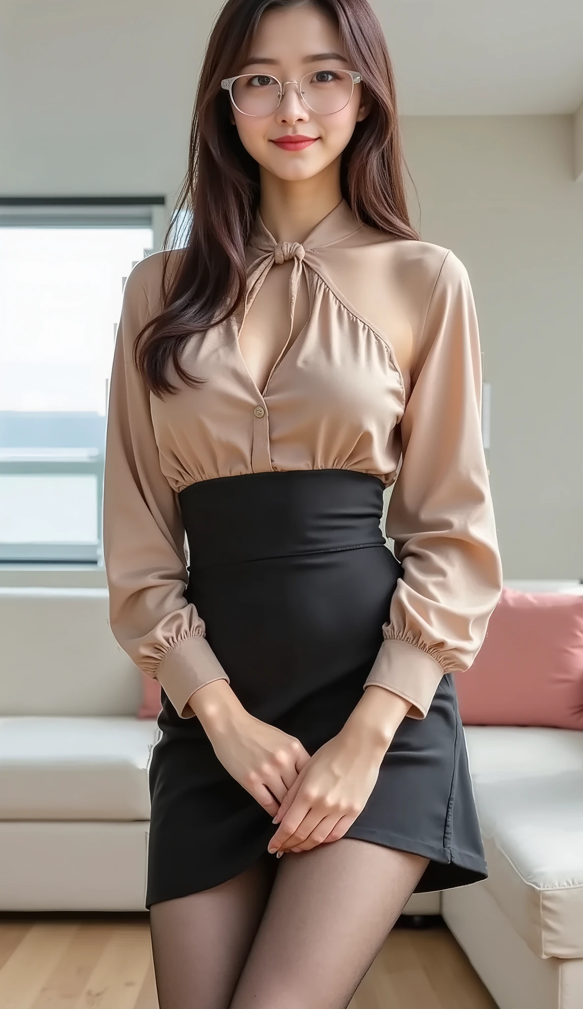 Not Safe for work contents.best quality and masterpiece,insanely detailed.hyper realistic.looking at viewer,lower body,1girl,brown hair,wavy hair,1girl in、、((full figure supermodel standing, entire body in frame))、fullbody shot、Standing gracefully、Standing with legs crossed,((shy smile:1.3))、Bewitching beautiful mature elite secretary in luxurious silk blouse、