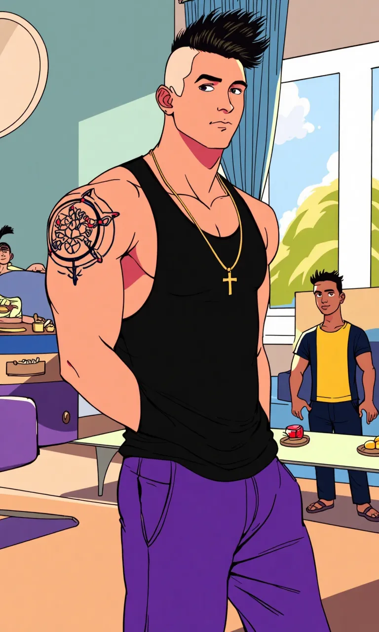 16 year old Miles Morales lies naked in his bed eating a double cheese burger and showing his abs,