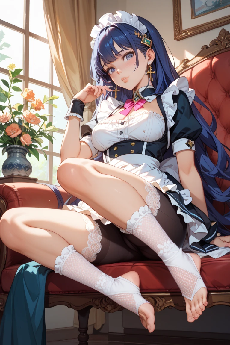 Best Quality, (Extremely detailed: 1.5), masutepiece, 超A high resolution,(photographrealistic:1.4), 1 girl, Cowboy Shot, (G-string underwear:1.4), (Wear battle armor:1.6), (Floral light blue kimono:1.6), (maid:1.6), Light blue maid micro skirt, Light blue hair, (hair messy:1.2), (two side up:1.6), (Big eyes:1.1), (Raw feet:1.3), Wind, Dynamic Angle, Cute Pose, From above