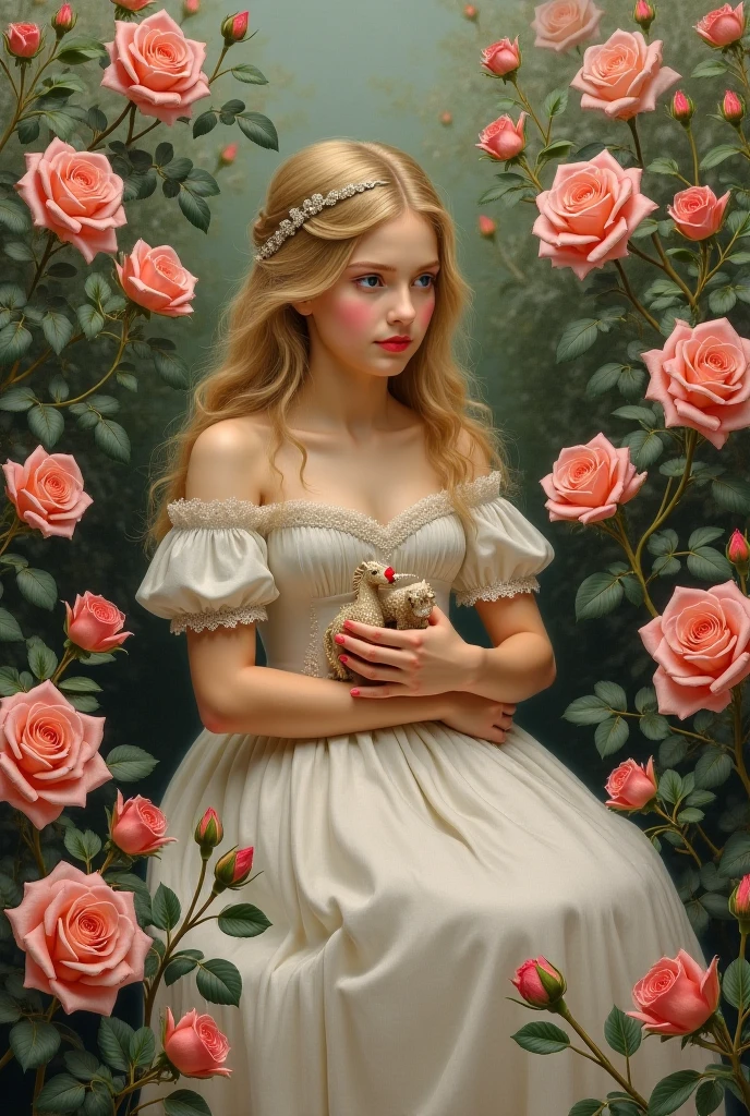 romantic painting where a girl in a Victorian dress sits among roses in shades of pink, thoughtful with blond hair, she smells them and holds a nesting horse as an excuse 