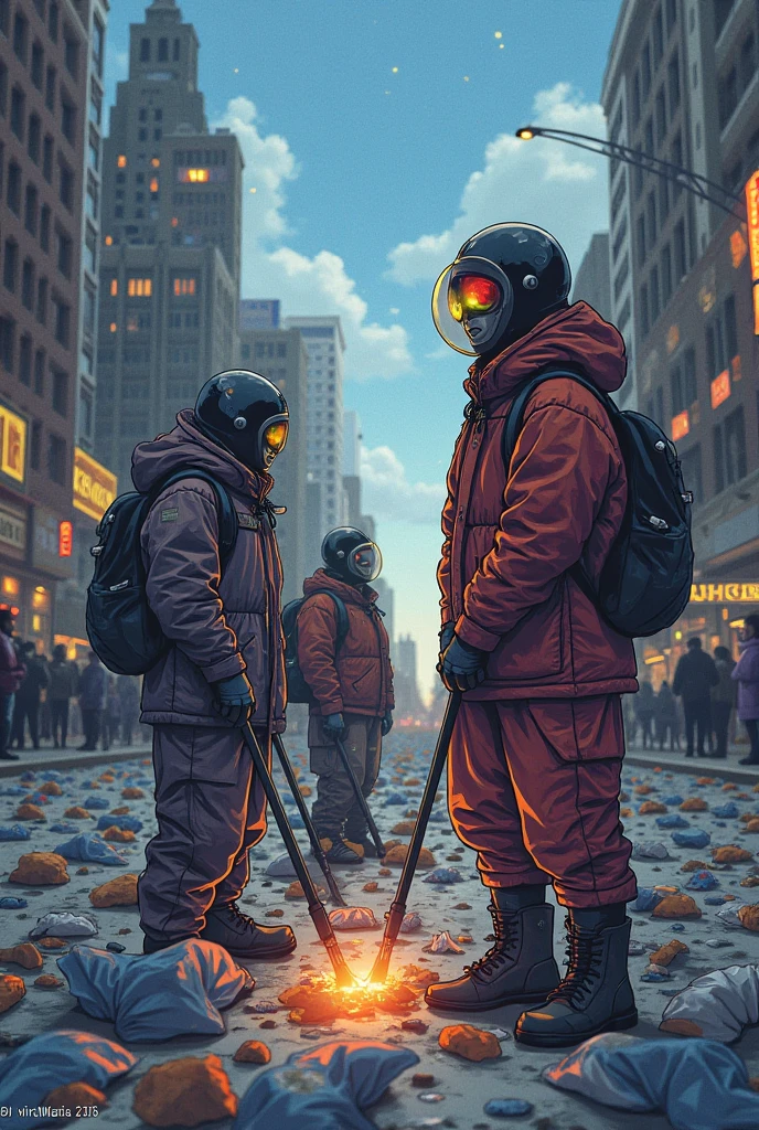 Help me create a drawing with people wearing masks sweeping the streets and someone sorting through the trash.





with:1.2) (Space Helmet:1.0) (Colored stars in the eyes:1.0) (A radiant glow:1.1) (thick lips:0.9)